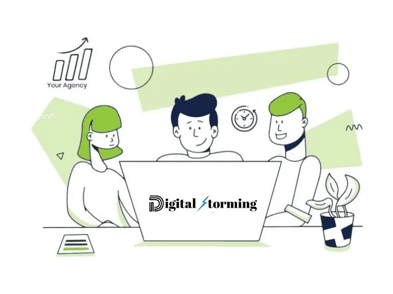 Illustration of three people at a laptop with the Digital Storming logo, and a “Your Agency” growth chart above them