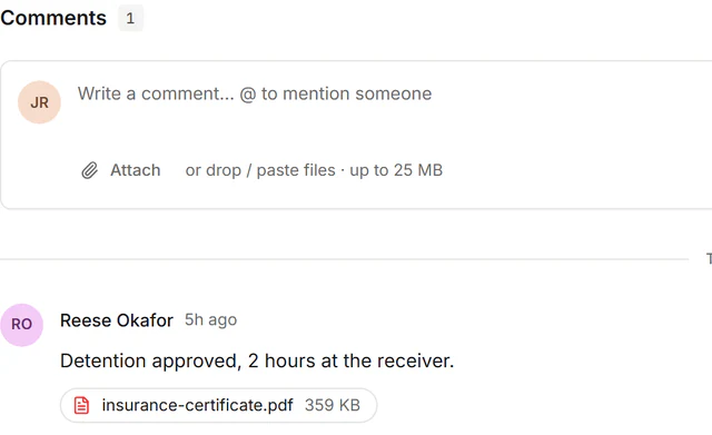 Comments on a record with mentions and an attachment (sample data)