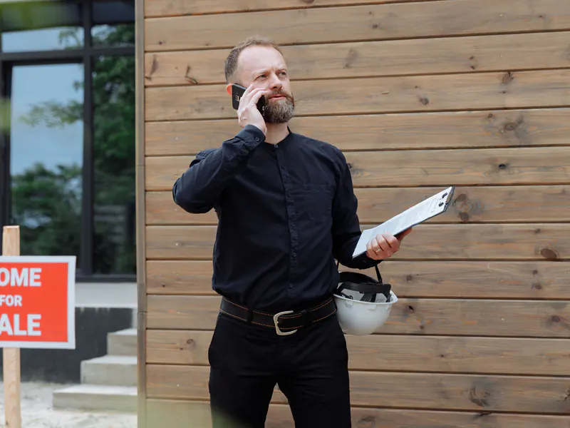 Man in a black shirt taking a phone call outside a house, holding a clipboard and a hard hat beside a Home for Sale sign