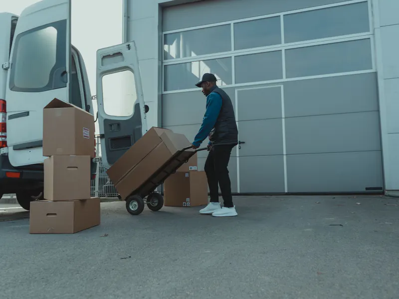 Delivery worker wheeling stacked cardboard boxes on a hand truck toward an open cargo van parked at a warehouse roll-up door