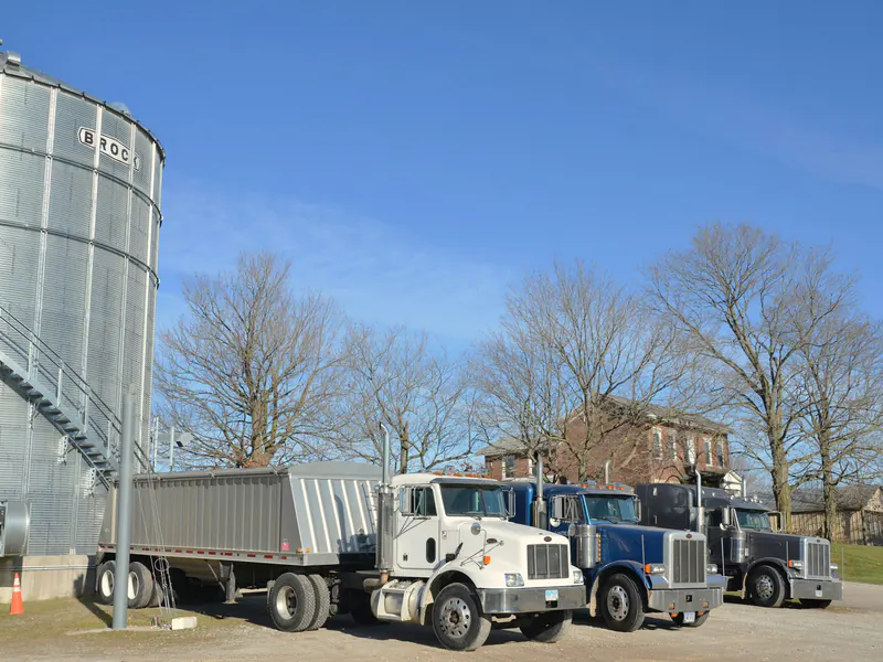 Three long-nose semi trucks, white, blue and gray, parked in a gravel yard beside a tall grain silo under a clear sky.