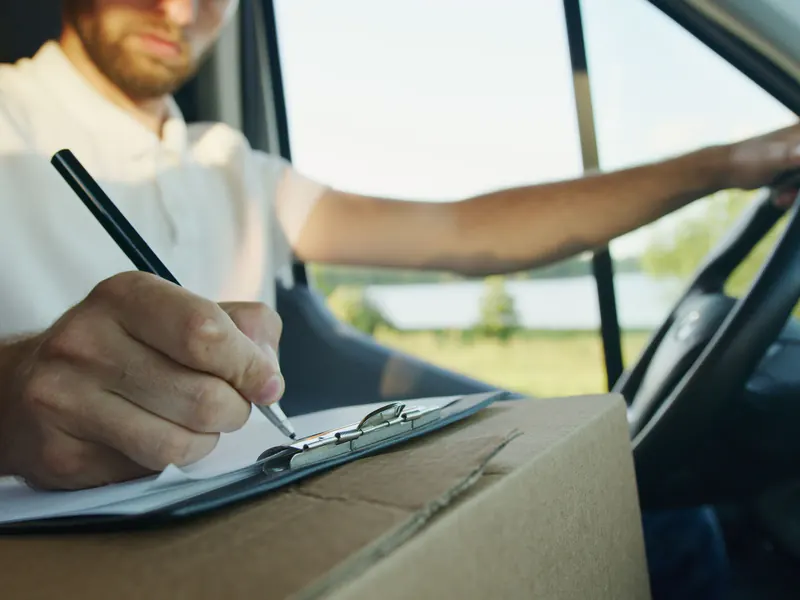 Driver seated at the steering wheel writing on a clipboard resting on a cardboard box, daylight through the windshield