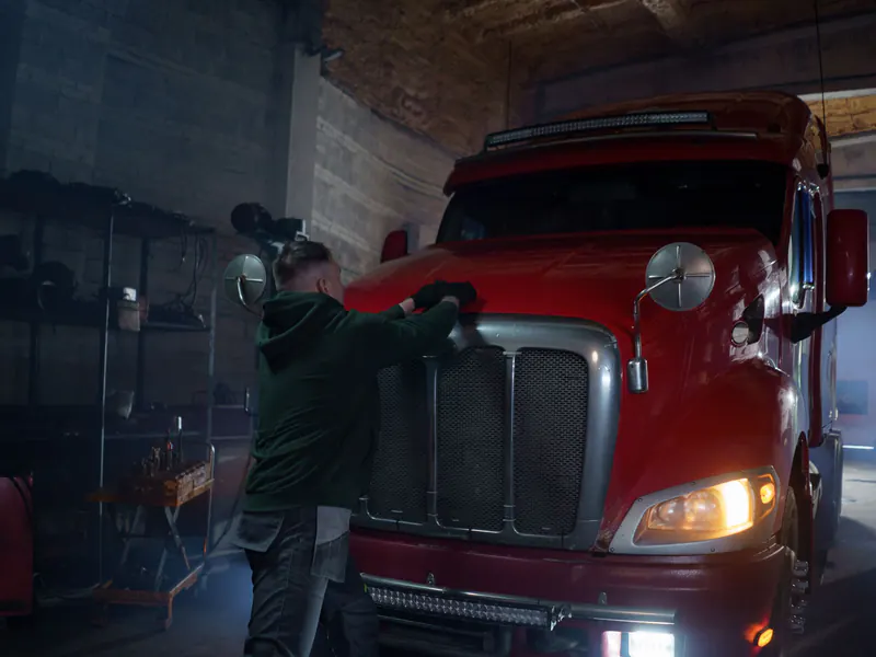 Mechanic in a dark jacket inspecting the hood of a red long-nose semi truck inside a repair garage