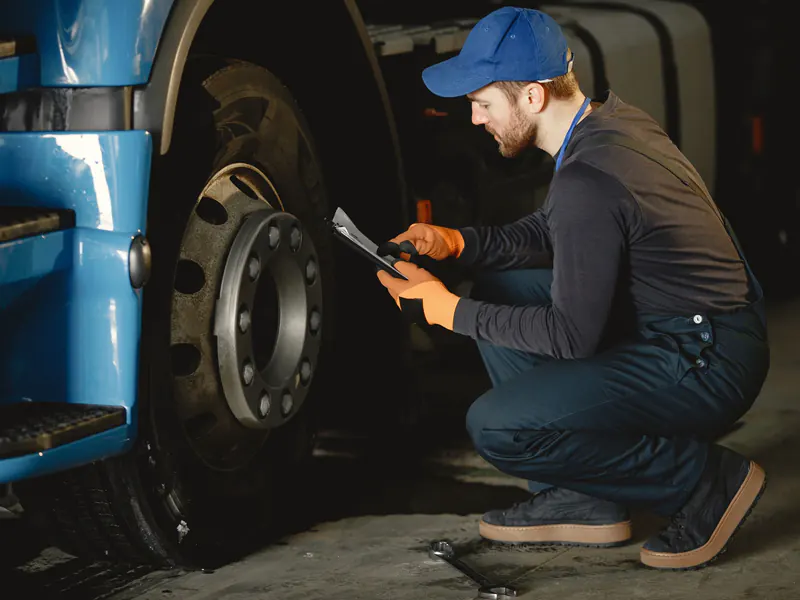 Man in a cap and work gloves crouching beside a truck front wheel, checking it against a tablet in a garage