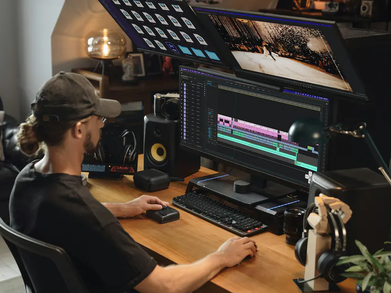 Video editor at a wooden desk working on a multi-track editing timeline on a large monitor, flanked by studio speakers